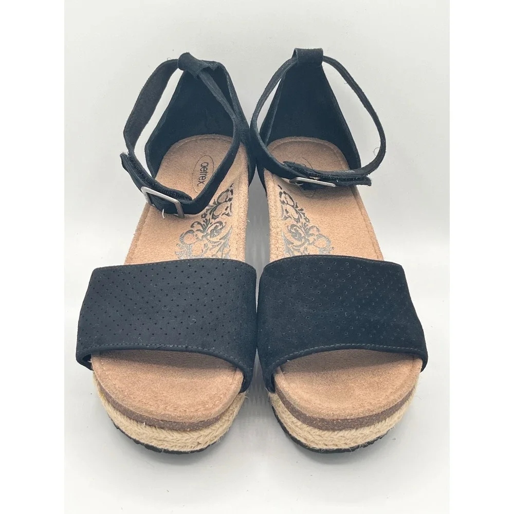 Aetrex EW740W Women Black Suede Espadrille Wedge Sandals Size 8.5 US 39 EU
